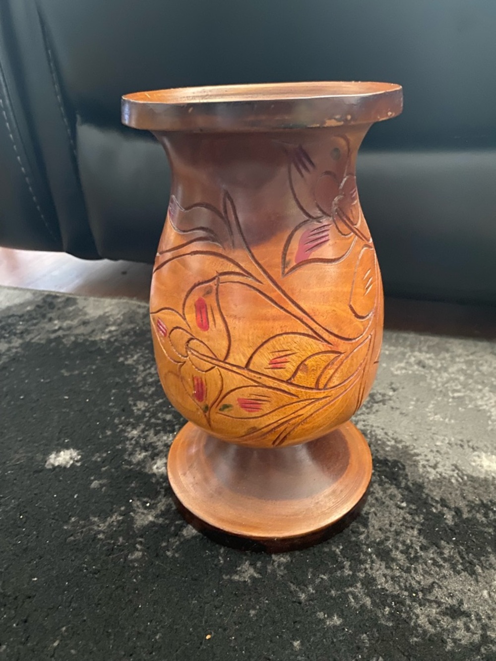 Hand-Turned Carved Wood Vase with Subtle Pink Accents